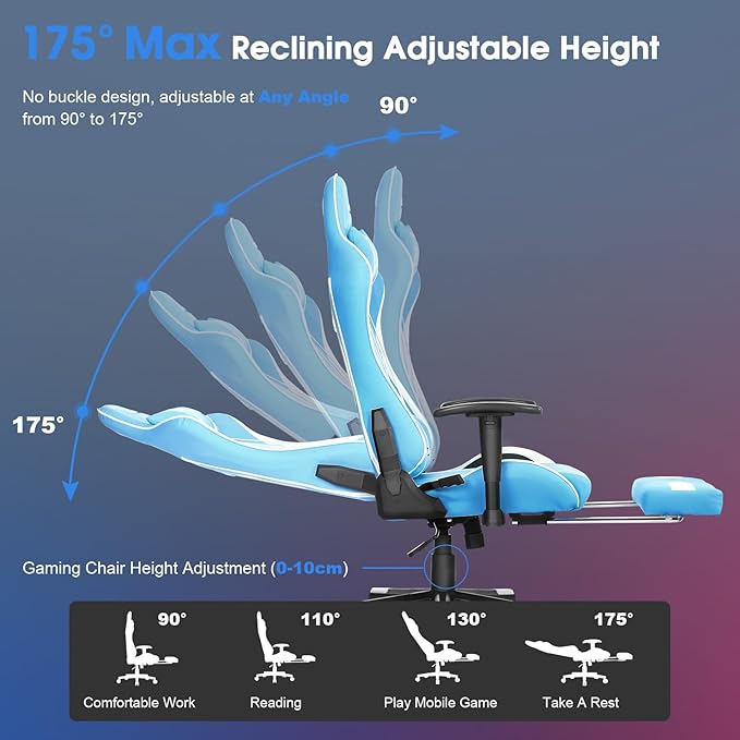 Gaming Chair Massage PC Gaming Chair Office Chair Ergonomic Computer Chair with Rolling Swivel Task Chair Lumbar Support Footrest Headrest Light Blue