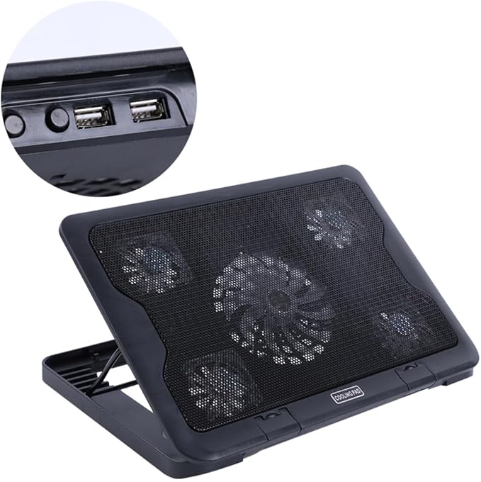 Generic USB Laptop Cooling Device 5 Fans Cooler Stand Adjustable Multi-Angle Laptop Cooling Unit with Anti-Skid Base for Gaming and Office Use Black