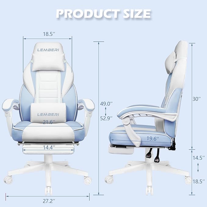 LEMBERI Gaming Chairs for AdultsErgonomic Video Game Chairs with footrestBig and Tall Gaming Chair 400lb Weight Capacity Racing Style Gaming Computer Gamer Chair with Headrest and Lumbar Support