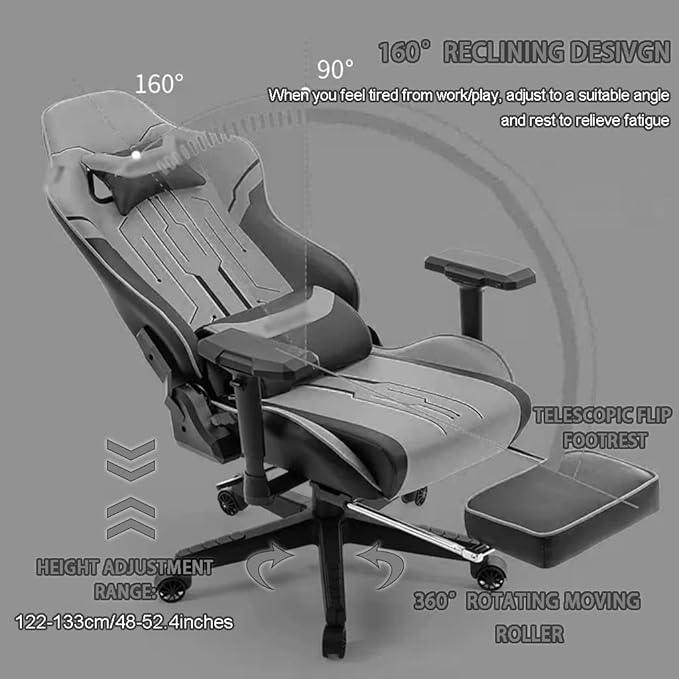 Gaming Chair with Footrest Ergonomic Wrapping Comfortable Gamer Chair Home Lift Rotate Reclining Racing Chair Load Bearing 200kg/440.9lbs (Color : Black Size : 122-133 * 40.5cm)