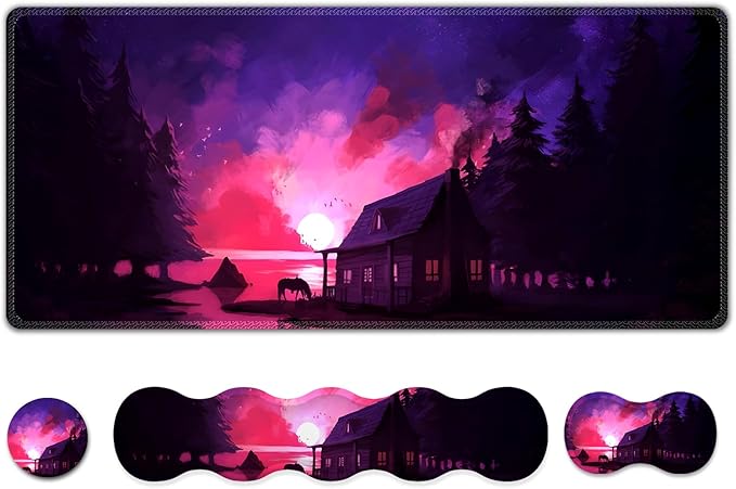 AIMSA Large Mouse Pad and Keyboard Wrist Rest Set Ergonomic Wrist pad for Keyboard and Mouse Mat 4 in 1 Mousepad with Wrist Support Computer Mat Village Evening Glow