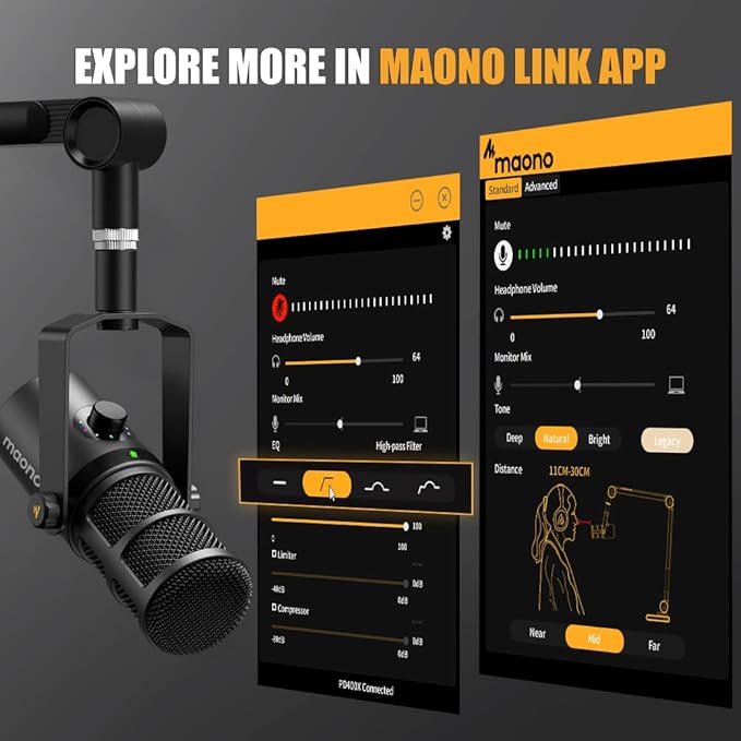 MAONO PD400X Podcast Dynamic Microphone with AU-MH601 Studio Monitor Headphones Bundle for Podcast Studio Streaming Recording Vocal