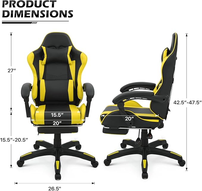 MoNiBloom Gaming Chair Office Chair Leather High Back Computer Chair with Headrest and Lumbar Support 360° Swivel Ergonomic Footrest Adjustable Gamer Chair for Adult Teen Home Office Using Yellow