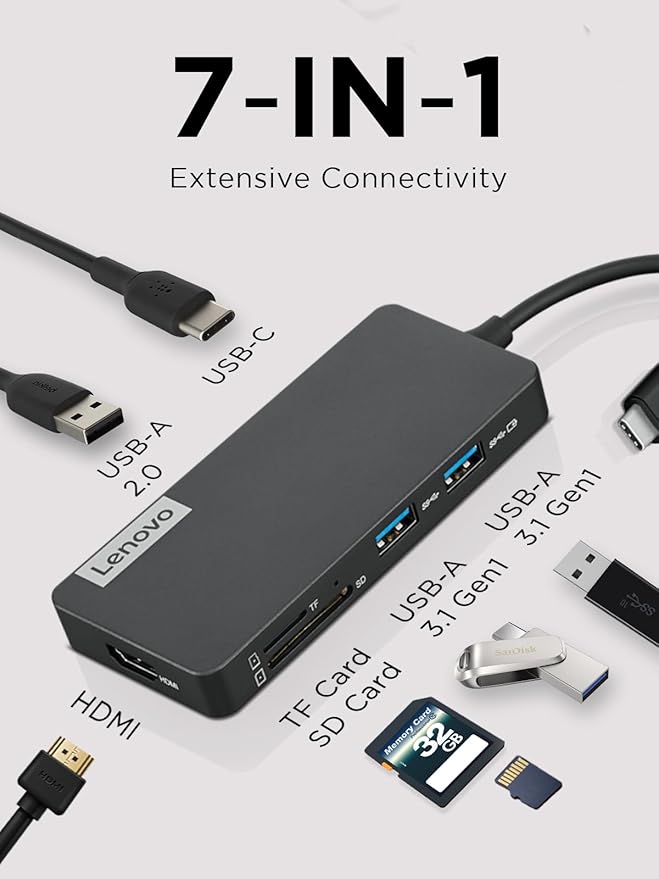 Lenovo – USB-C 7-in-1 Hub – Computer Networking Laptop Accessory – Laptop Docking Station - 4K via HDMI 3 USB-A devices 2 SD/TF Card Readers USB-C Power Pass Through