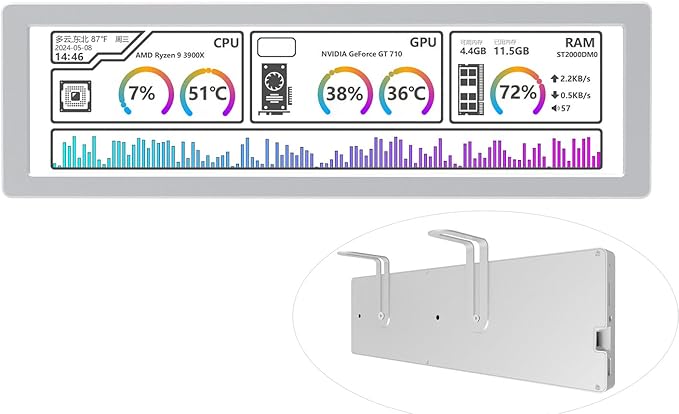 waveshare 8.8 inch USB Monitor 1920 x 480 ResolutionPC Case Secondary Screen/Desktop RGB Ambient Screen IPS Panel with Music Spectrum Analysis Function Type-C Interface CNC Metal Case Silver