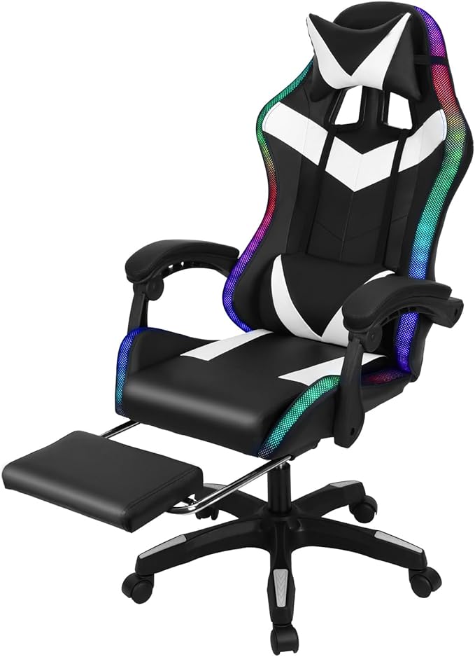 Gaming Chair with 2 Bluetooth Speakers &amp Lights Ergonomic High-Back Office Chair with Headrest &amp 135° Recline 360° Swivel Height Adjustable Faux Leather Computer Chair for Gaming Office &am
