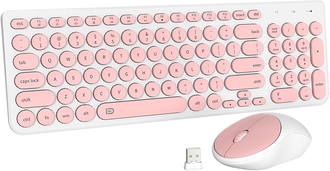 FD iK6630 Wireless Keyboard and Mouse Combo - 2.4GHz USB Cordless Cute Round Keys Quiet and Slim Set for Laptop Computer TV and Mac - Salmon Pink &amp White