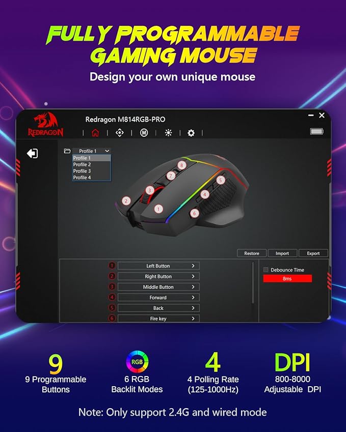 Redragon Wireless Gaming Mouse Tri-Mode 2.4G/Bluetooth/USB-C 7 Programmable Buttons Tactile Rapid Fire Key 8000 DPI RGB Ergonomic Mouse for PC Windows Gaming &amp Work M814