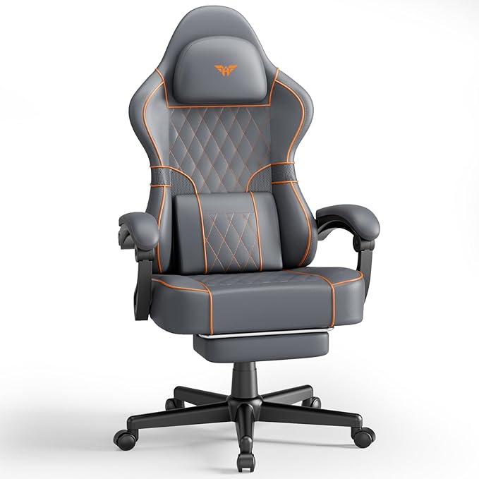 Ferghana Leather Ergonomic Gaming Chair with Footrest and Linkage Armrest High Back Computer Game Chair with Massage Lumbar Support for Adult(Grey)