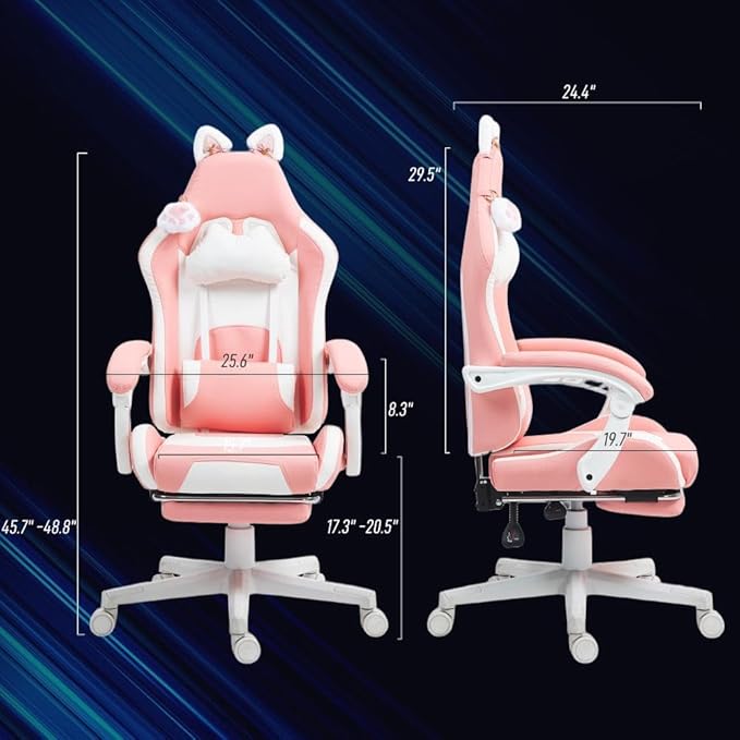 Cute Cat Ears Gaming Chair Girly Ergonomic Computer Chair with High Back 360° Swivel Office Computer Chair with Footrest and Paw Lumbar Cushion for Teens Girls Women (Pink White)