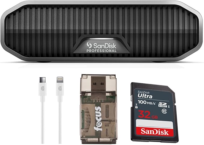 SanDisk Professional 18 TB G-Drive Desktop Portable External Hard Drive (Dark Gray) Bundle with 32GB Memory Card (100MB/s) Charge Cable (6-Feet) and USB Card Reader (4 Items)