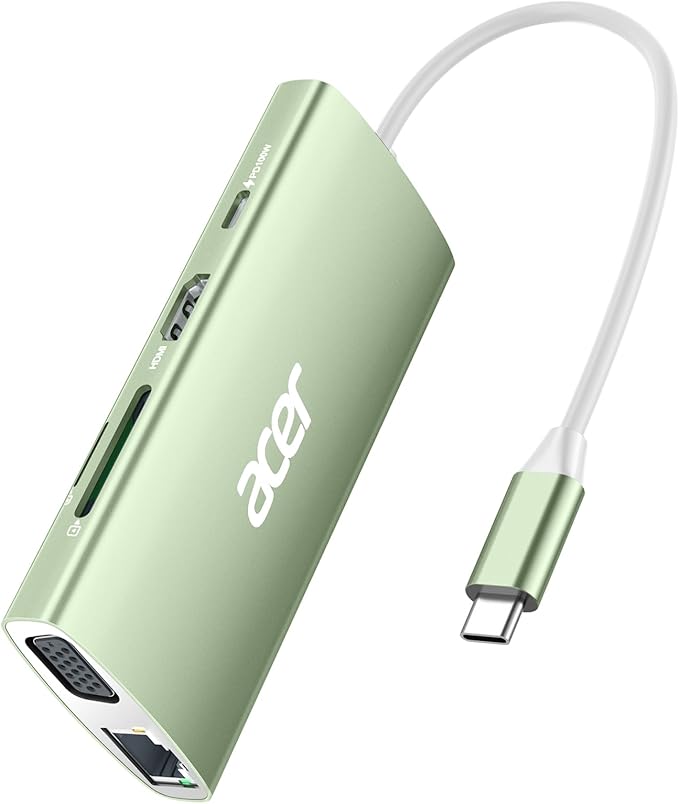 Acer USB C Hub with 4K HDMI 9-in-1 USB C to Ethernet Adapter 5Gbps USBA 3.0 Docking Station VGA Splitter SD Card Reader PD 100W Charging for MacBook Acer Laptops Surface and More (Green)