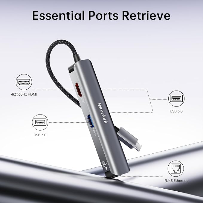 USB C Hub Adapter 5 in 1 USBC Multiport Adapter with 4K USB C to HDMI 1Gbps Etherent 3 USB 3.0 Ports for MacBook Pro MacBook Air iPad Pro Dell XPS and More