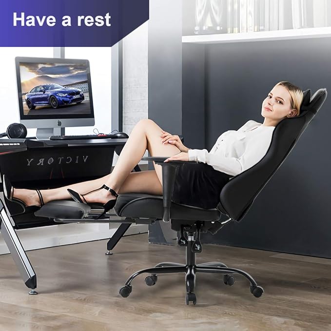 Ergonomic Gaming Chair for Adults Adjustable High-Back Computer Desk Chair with Lumbar Support and Footrest Leather Office Chair for Gaming Big and Tall Comfy Gamer Chair (Black)
