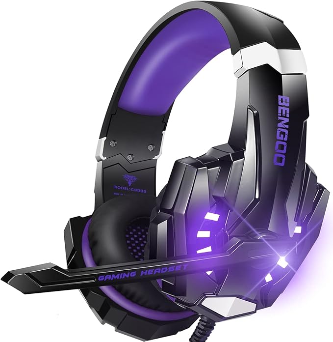 BENGOO G9000 Stereo Gaming Headset for PS5 PS4 PC Xbox One Controller Noise Cancelling Over Ear Headphones with Mic LED Light Bass Surround Soft Memory Earmuffs - Purple