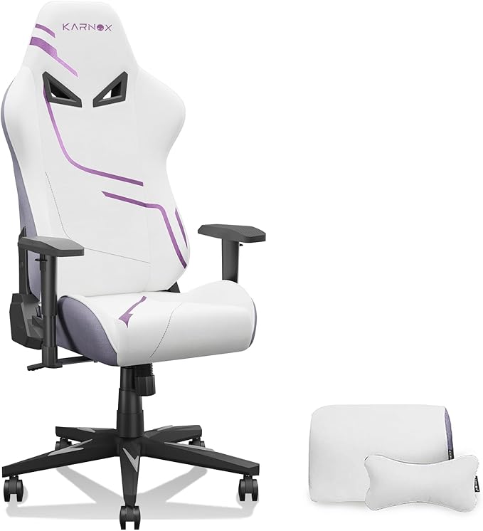 KORNOX Ergonomic Gaming Chair Fabric for AdultsOffice Chair High BackGame Chair Cloth Height Adjustable for TeensGame Chair Racing with Headrest and Lumbar Support for GirlWhite and Purple