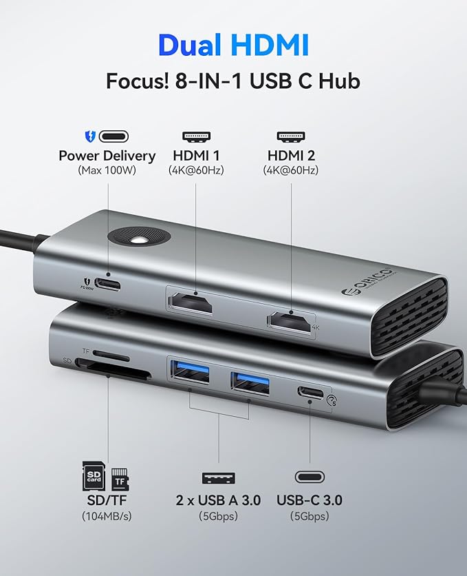 ORICO USB C Docking Station Dual Monitor 8-in-1 Laptop Docking Station with 2 HDMI 4K@60Hz 100W PD USB-A&ampC 3.0 SD/TF USB C Dock Compatible with MackBook/Dell XPS/HP/Surface
