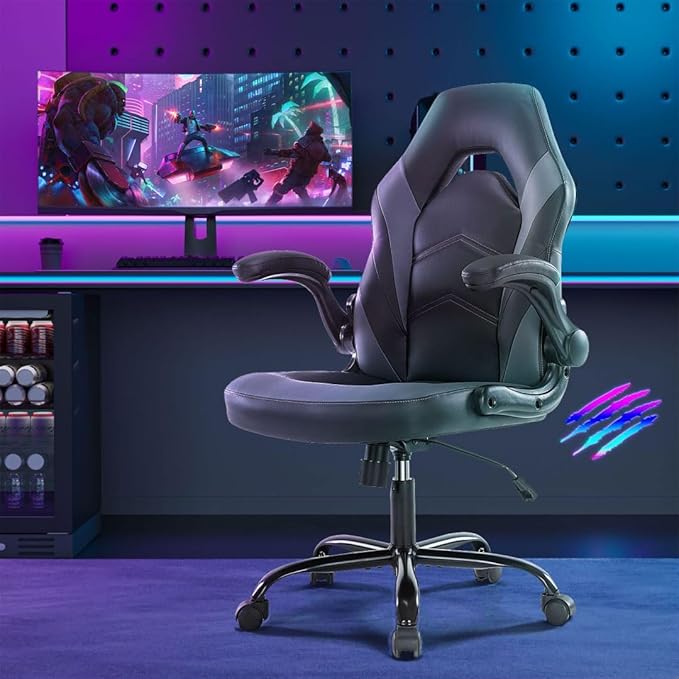 Heavy Duty Gaming Chair Ergonomic Gamer for Home Office with Lumbar Support Adjustable Backrest Flip-Up Armrest and Stable 360° Swivel Wheels for Adults Professional Gamers and Teens Black-Grey
