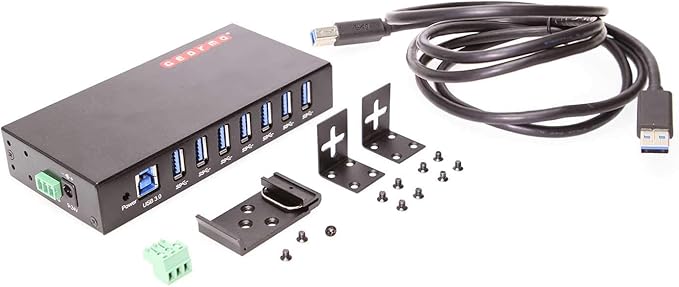 Gearmo 7 Port USB 3.0 Hub w/Surge Protection Rugged Metal Enclosure Ready to Mount on DIN Rail or Wall Compatible with Windows 7/8/10/11 MacOS &amp Linux