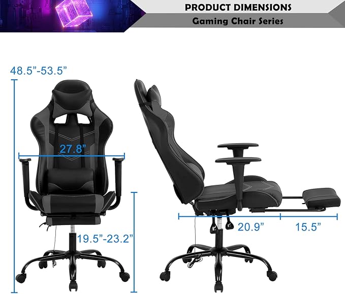 Video Game Chair Massage Game Chair High Back Computer Racing Chair Adjustable PU Leather PC Gaming Chair with Headrest and Footrest Racing Swivel Lumbar Support Office Desk Chair for Adults Grey