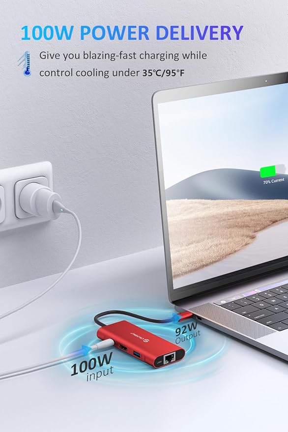 UtechSmart USB C Hub Ethernet Multiport Adapter 6 in 1 USB C to HDMI Dock Compatible for MacBook Pro/Air Chromebook Dell XPS HP and Type C Devices (Gigabit Ethernet 100W PD 4K HDMI USB 3.0) Red