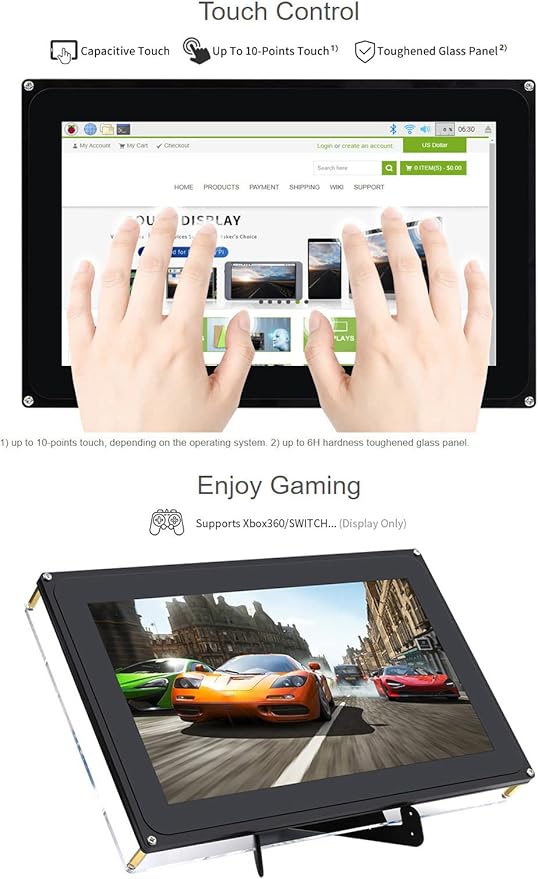 waveshare 10.1inch Capacitive Touch Screen LCD with Case Compatible with Raspberry Raspberry Pi 5/4B/3B/Zero/Zero W/Zero 2W/Pico/Pico W/Pico WH 1024×600 Resolution HDMI Supports Jetson Nano/Windows