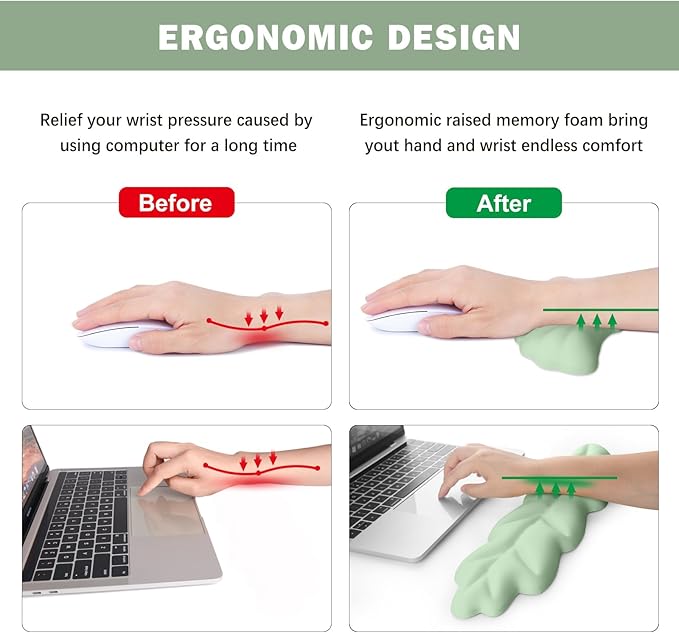 Keyboard Wrist Rest Pad Set Leaf Shape PU Leather Memory Foam Wrist Cushion SupportMouse Wrist Rest PadNon-Slip Wrist Support for Easy Typing Pain Relief Green Leaf