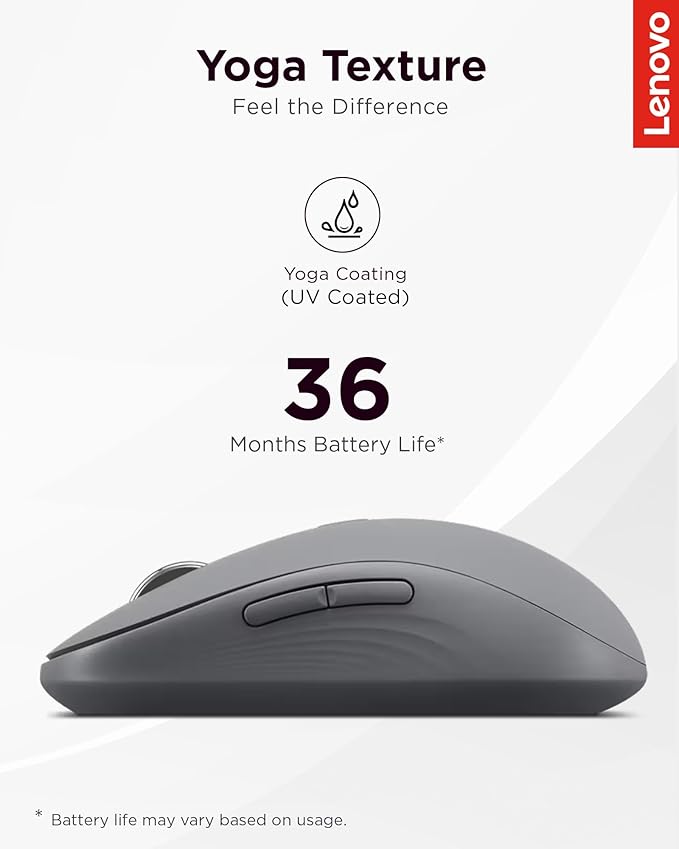 Lenovo Yoga Bluetooth Silent Mouse 3 Level DPI Adjustment 36 Month Battery Life Bluetooth 5.3 3 Device Paring Whisper Quiet Programmable Buttons Smooth Finish Luna Grey