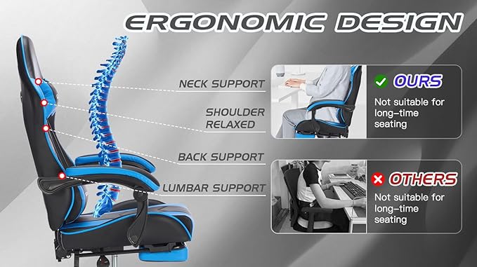 Blue Gaming Chair with Footrest Adjustable Vidio Gaming Computer Chair for Women and Men Ergonomic Office Chair with Headrest and Lumbar Support for Back Pain