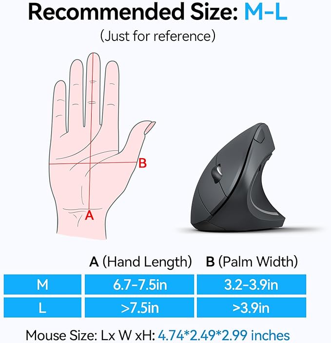 TECKNET Ergonomic Mouse Wireless Bluetooth Vertical Mouse 4800 DPI Optical Tracking 6 Adjustable DPI Quiet Clicks 2.4GHz with USB A Receiver 12 Months Battery 6 Buttons Wide Compatibility