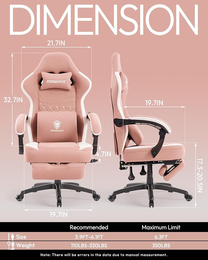 Dowinx Gaming Chair Breathable Fabric Game Chair with Gel Pad and Storage Bag Comfortable Gamer Chair with Pocket Spring Cushion Ergonomic Computer Chair with Footrest Pink and White