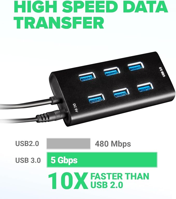 Rebuff Reality USB Hub 3.0 - 7-Port USB Hub with One Smart Charging Port Supports Vive Tracker 3.0 2.0 &amp Other VR Dongles Data Transfer for VR Trackers MacBook iMac PC - Black 31.5-inch Cabl