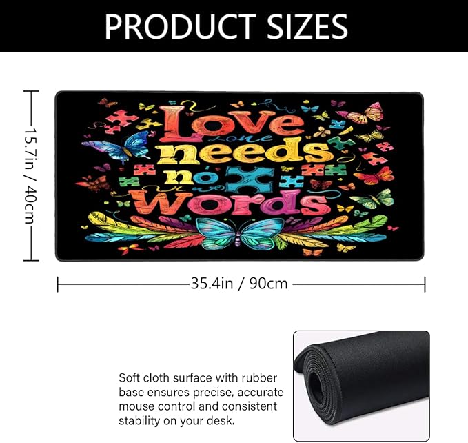 Large Mouse Mat Autism Word Color Computer Mousepad with Non-Slip Rubber Base Waterproof Mouse Pad Desktop Keyboard Pad for GamerHome School Laptop Office Accessories35.4x15.7 in