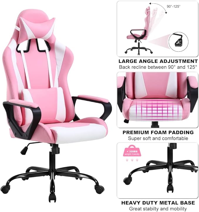 Ergonomic High Back Gaming Chair &amp Office Chair PU Leather &amp Adjustable &amp Easy Assembly &amp BIFMA Certified for Home/Office (Gray) (Pink)