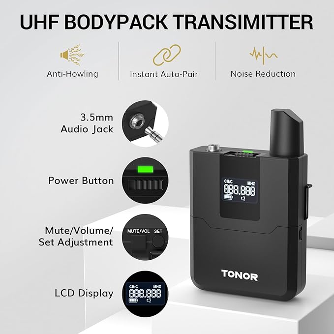 TONOR Wireless Microphones System with 8x12 Channels Headset/Lavalier Lapel Mics Bodypack Transmitter Receiver 90 m/295ft UHF Range for Church Conference Performance Singing Karaoke PA Speaker