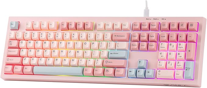MechLands Aula S102 Membrane Gaming Keyboard with Number Pad 100% Full Size Layout USB-C Wired RGB Backlit Creamy Silicone Structure Silent Keyboard for PC Game/Office (Pink)