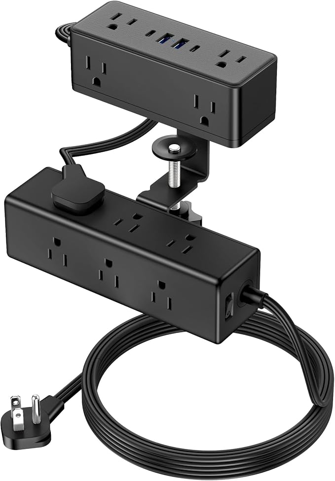 Dual Layer Desk Clamp Power Strip Desktop Edge Mount Surge Protector with 15 AC Outlets &amp 4 USB Ports(20W USB-C) Ultra Thin Flat Plug &amp 15FT Power Cord for Office Home(ETL Listed)