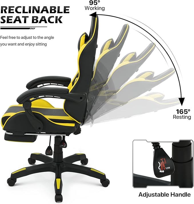 MoNiBloom Gaming Chair Office Chair Leather High Back Computer Chair with Headrest and Lumbar Support 360° Swivel Ergonomic Footrest Adjustable Gamer Chair for Adult Teen Home Office Using Yellow