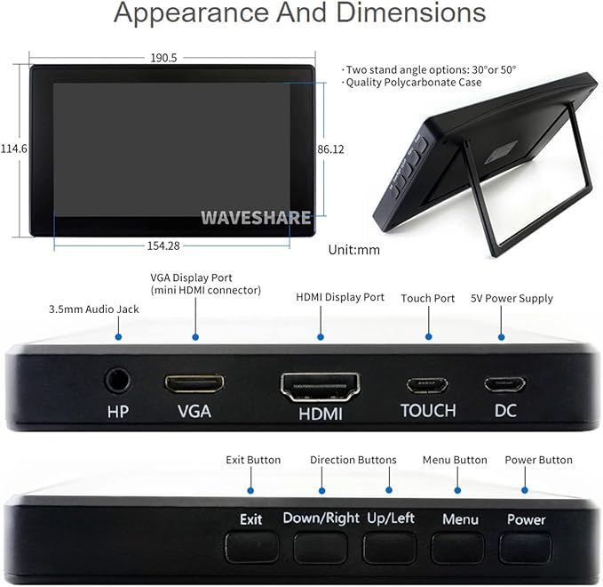[Latest Version] Waveshare 7inch Capacitive Touch Screen LCD Monitor for Raspberry Pi 5 RPi 400 4 3 Model B Compatible with All Versions of Raspberry Pi Windows with HDMI/VGA Port with Case