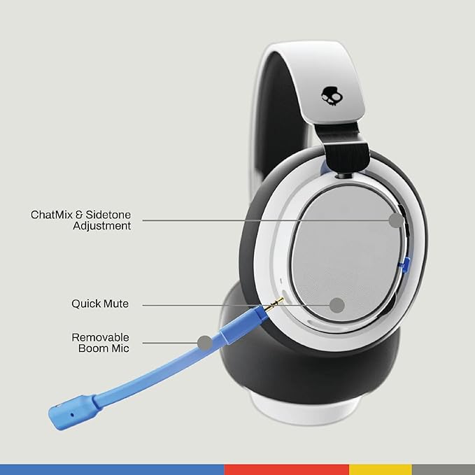 Skullcandy SLYR Pro Wireless Multi-Platform Gaming Headset Bluetooth Headphones Up to 24 Hrs Battery PC PlayStation Nintendo Switch 2.4GHz Low Latency Wireless Transmitter Included - White/Blue