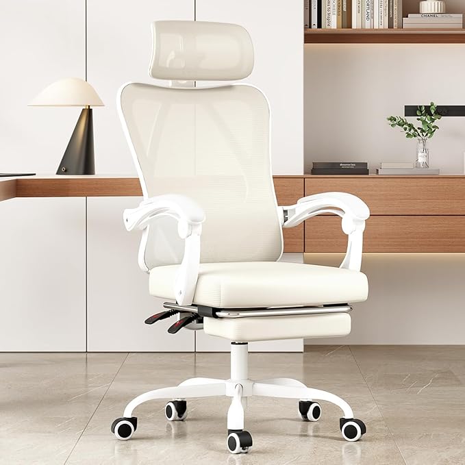 Ergonomic Office Chair with Footrest 135° Reclining High Back Mesh Desk Chair with Adjustable Lumbar Support &amp Headrest for Home Office Gaming and Nap 400 lbs Capacity (Beige Model D)