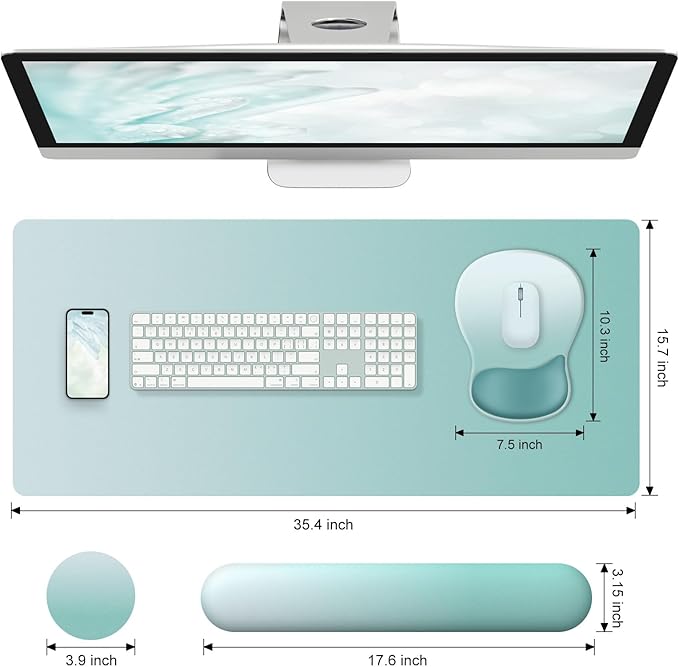 4-in-1 Large Gaming Mouse Pad Keyboard Wrist Rest Pad &amp Wrist Support Mousepad Set Extended Desk Pad Waterproof Desk Mat Protector for Home Office Decor Study Game 35.4×15.7 Inches I Mint Green