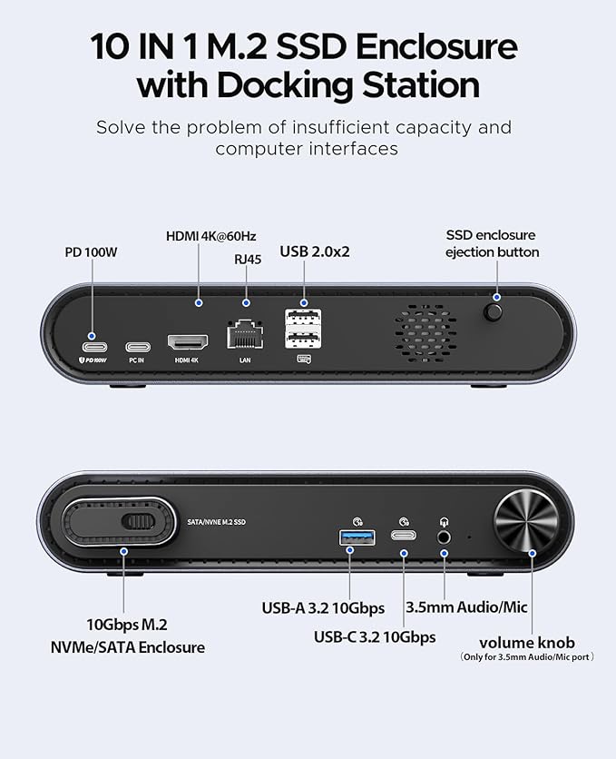 ORICO 10 in 1 USB-C Docking Station with M.2 NVMe/SATA SSD Enclosure 10Gbps USB 3.2 480Mbps USB 2.0 HDMI 4K@60Hz 100W PD RJ45 Ethernet 3.5mm Audio with Volume Knob for MacBook Pro/Air (PTM1)