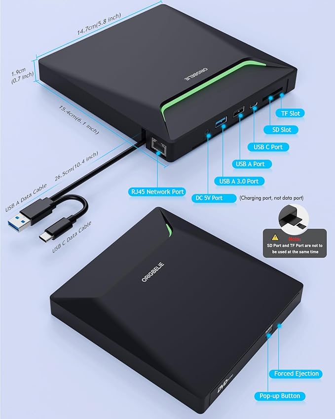 New External CD DVD Drive Cool DVD Burner USB 3.0 with Ethernet Adapter 3 USB and 2 TF/SD Card Ports CD DVD Player Reader Writer Optical Disc Drive for Laptop PC Windows Mac with Carrying Case