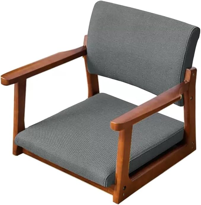ELEFOCUS Tatami Chair Accent Furniture Meditation Floor Chair Portable Japanese Style Legless Chair with Armrests Lazy Sofa(Dark Grey Cotton LinenWalnut)