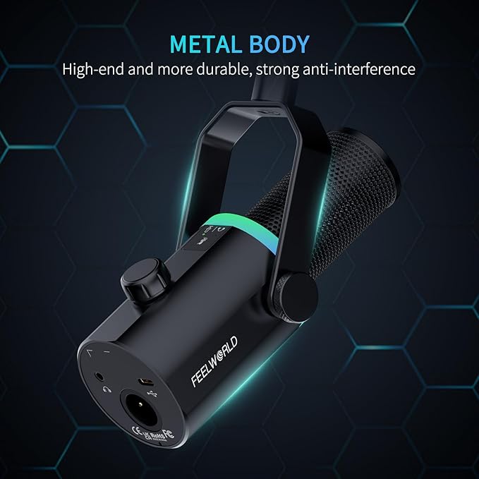 FEELWORLD PM1 XLR USB Dynamic Microphone Gifts for Podcast Recording PC Computer Gaming Live Streaming Vocal Voice-Over Studio Metal Mic with Voice-Isolating RGB Light Mute Button Headphones Jack