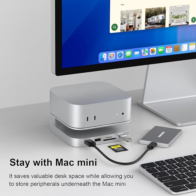 Qwiizlab Aluminum Stand Hub with SSD Enclosure Docking Station for Mac mini M4/M4 Pro 2 USB-A 10Gbps TF/SD 4.0 Card Readers 312MB/s HDMI 4K 60Hz USB-A 2.0 Fits M.2 NVMe SSD up to 8TB (Silver)