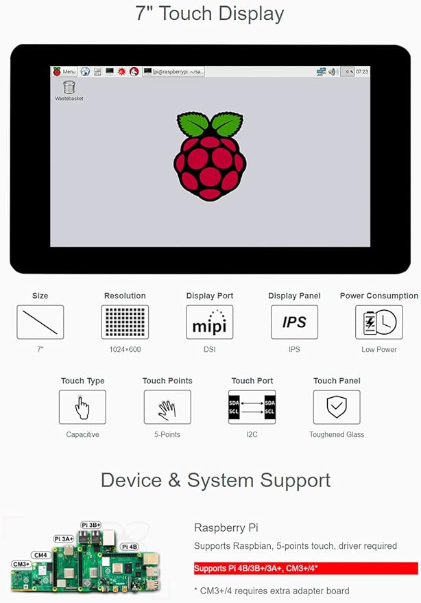 waveshare 7inch DSI LCD 1024×600 Touch Screen for Raspberry Pi 4B/3B+/3A+/Compute Module 4 (CM4)/Compute Module 3+ (CM3+) Toughened Glass IPS Display Capacitive Monitor 5-Points Touch Driver Required