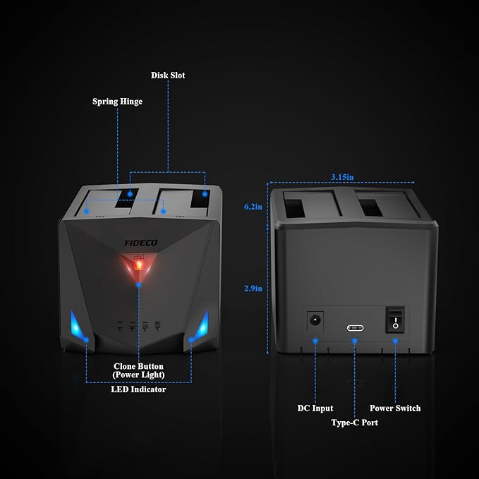 FIDECO USB 3.2 Gen 1 to Hard Drive Docking Station Hard Drive Dock for 2.5 or 3.5 inch SATA I/II/III HDD SSD with Hard Drive Duplicator/Offline Clone Function and 2 USB Cables Support UASP