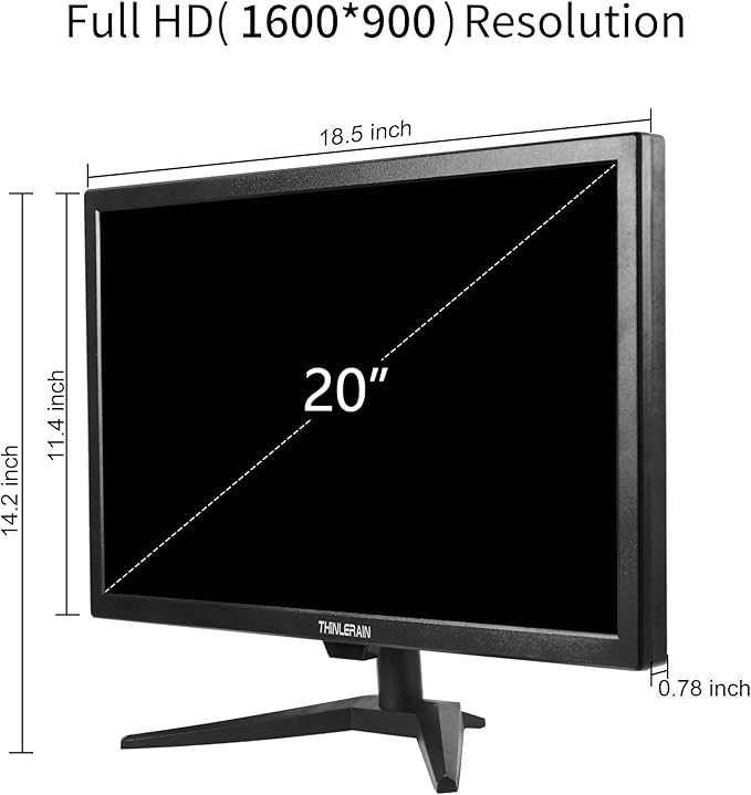 20 PC Monitor 16:9 1600x900 Kitchen Monitor LED Screen Display 5Ms 60 Hz VESA Mountable Build in Speaker with VGA HDMI AV BNC USB for FireStick Computer Laptop